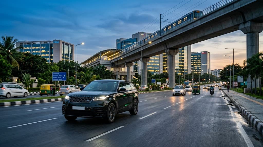 Elevated Yellow Line metro running above Hosur Road near Electronic City