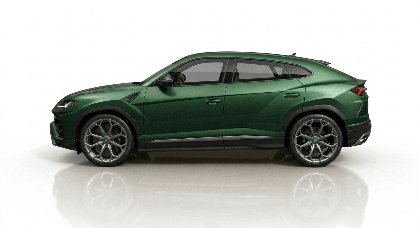 A green Lamborghini Urus, our reference fleet showcase vehicle