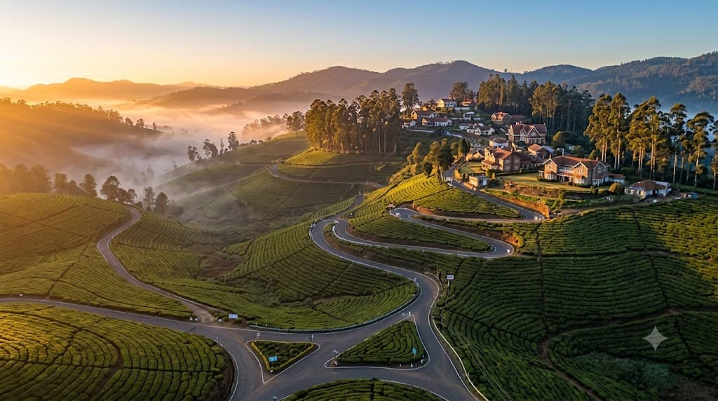 Tea estate terraces on the road into Ooty via the Nilgiri ghats