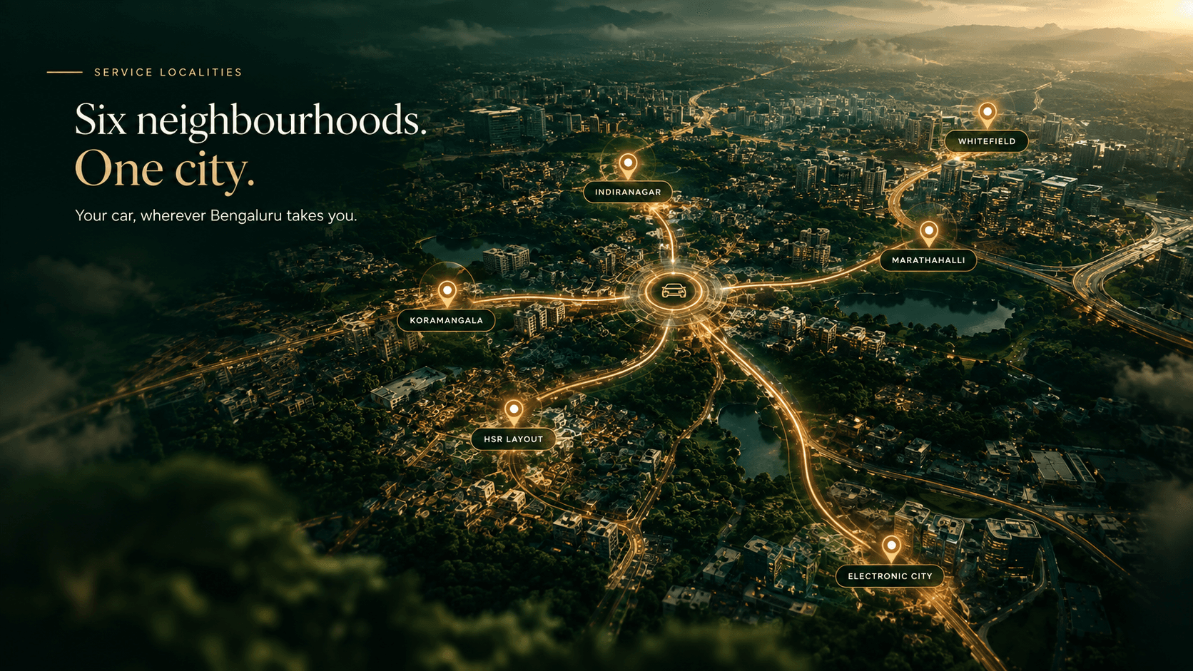 Rental Wheelz service localities across Bengaluru — HSR Layout, Koramangala, Whitefield, Indiranagar, Electronic City, and Marathahalli, connected by road from a central hub