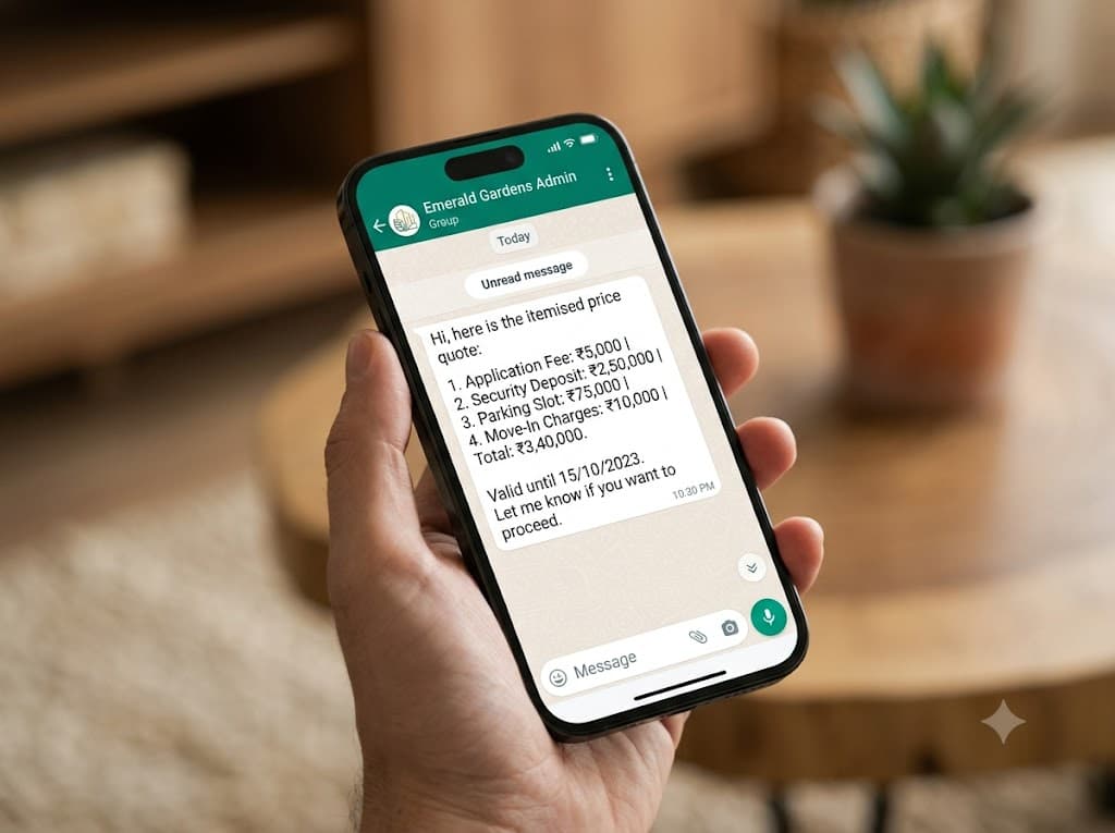A phone showing an itemised WhatsApp price quote