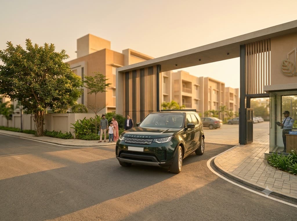 A dark green SUV pulling up on a Bengaluru street at golden hour