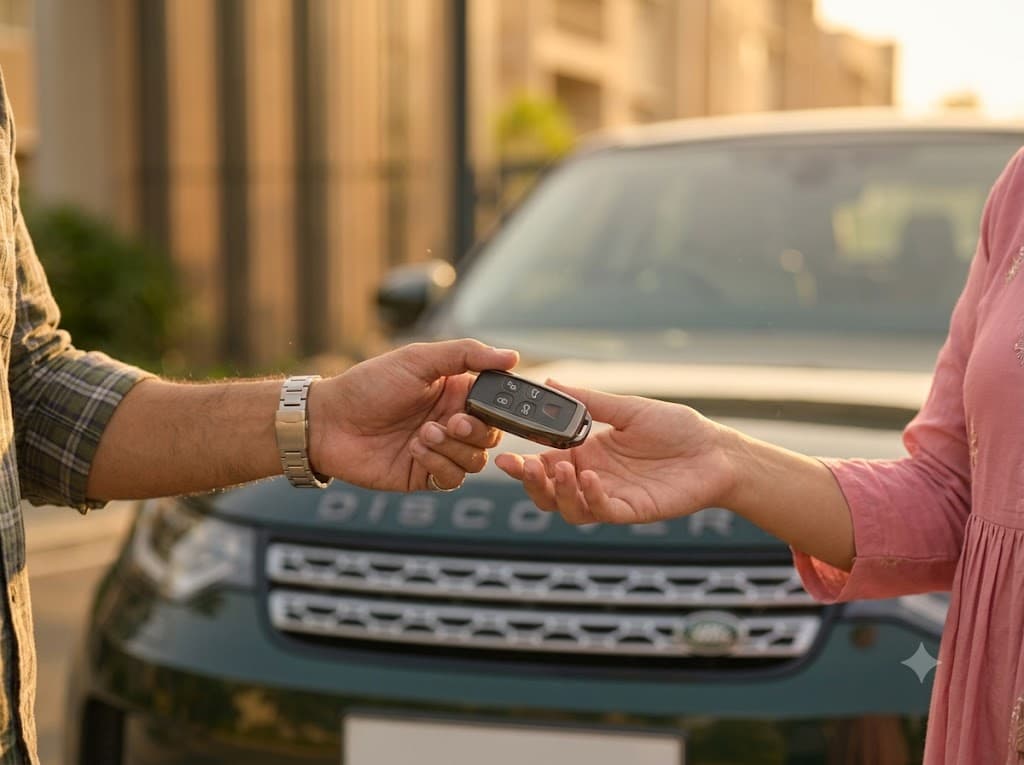Two hands exchanging a car key fob